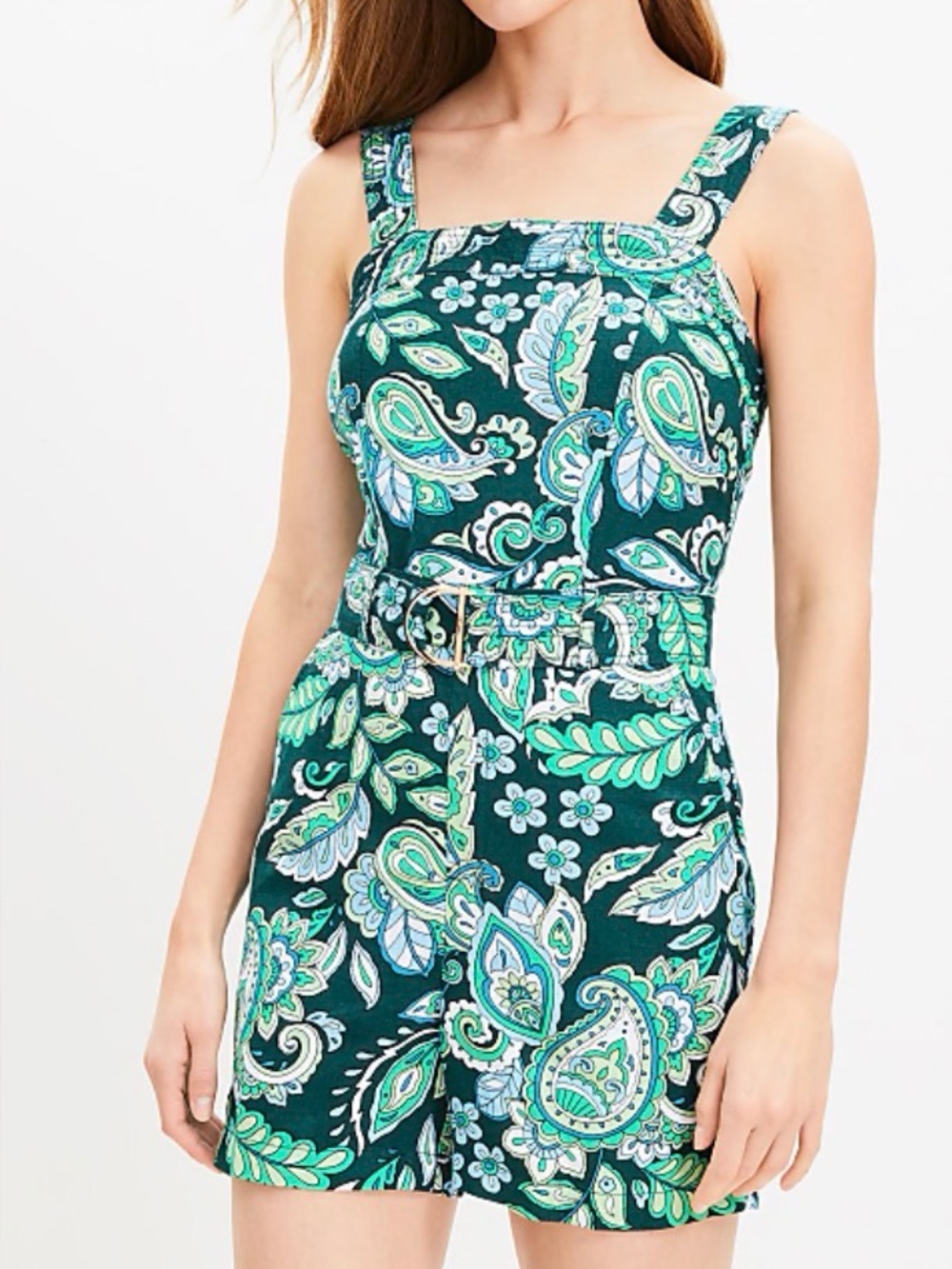 LOFT Green Paisley Belted Romper